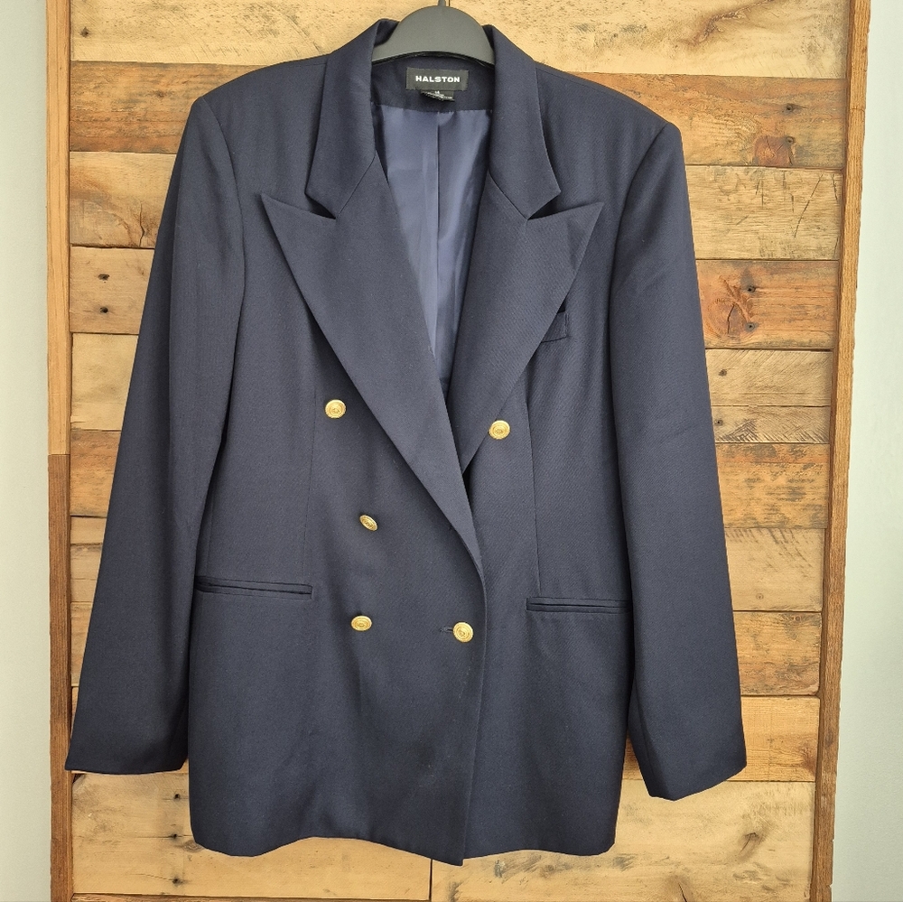 Halston Heritage Navy Blue Double Breasted Blazer Gold Crest Buttons Womens 14 - Picture 5 of 8